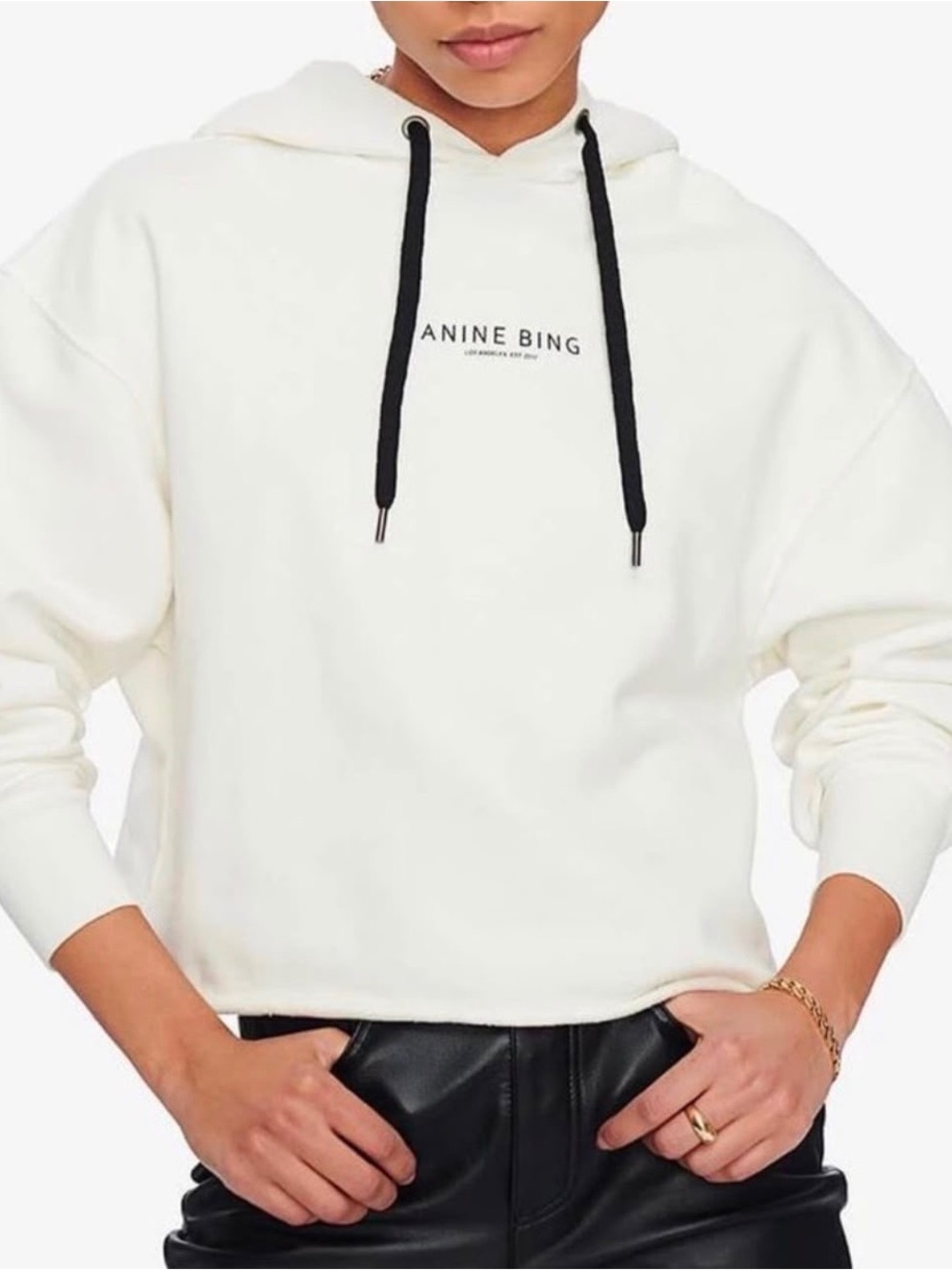 Anine Bing White Hoodie with Black Drawcords